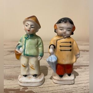 Vintage Pair Oriental Asian Boys With Umbrella and Basket Porcelain Japan